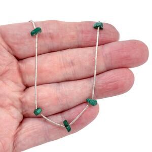 Southwest Green Malachite Liquid Silver Bead Necklace | Estate Sterling | 16"